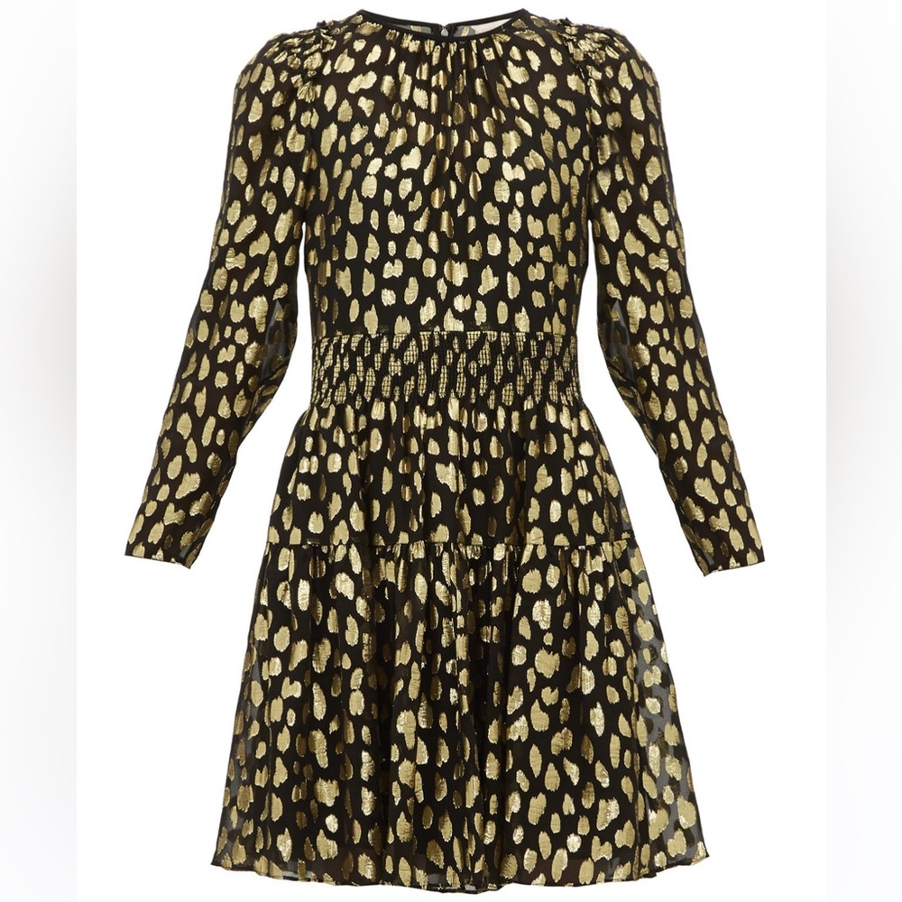 REBECCA TAYLOR black/gold fil-coupe silk blend mini dress